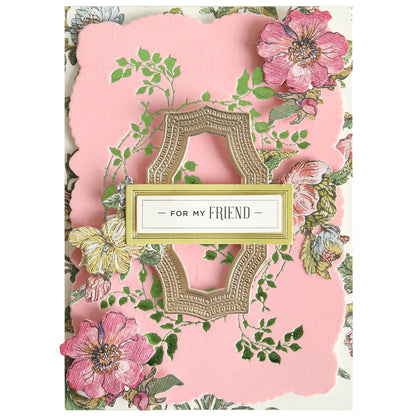 Greeting card featuring a pink floral design and a gold decorative frame created with the Flourish and Vine Gilded Hot Foil Plates, showcasing the message “For My Friend” in the center—a perfect piece for paper crafting enthusiasts.