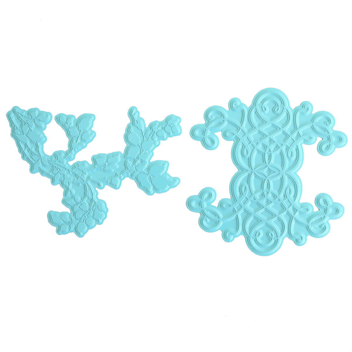Two ornate, light blue plastic embossing folders with intricate designs—perfect for paper crafting or use alongside Flourish and Vine Gilded Hot Foil Plates—are displayed on a plain white background.