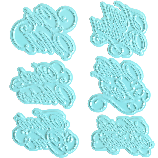 Six light blue metal Calligraphy Sentiment Gilded Plates for embossing phrases including “Get Well,” “Happy Birthday,” “Best Wishes,” “With Love,” “Thank You,” and “Thinking of You.”