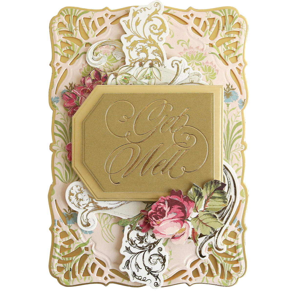 A rectangular gold foil plate from the Thoughtful Calligraphy Gilded Hot Foil Plates set with “Get Well” calligraphy centered on a decorative floral card.