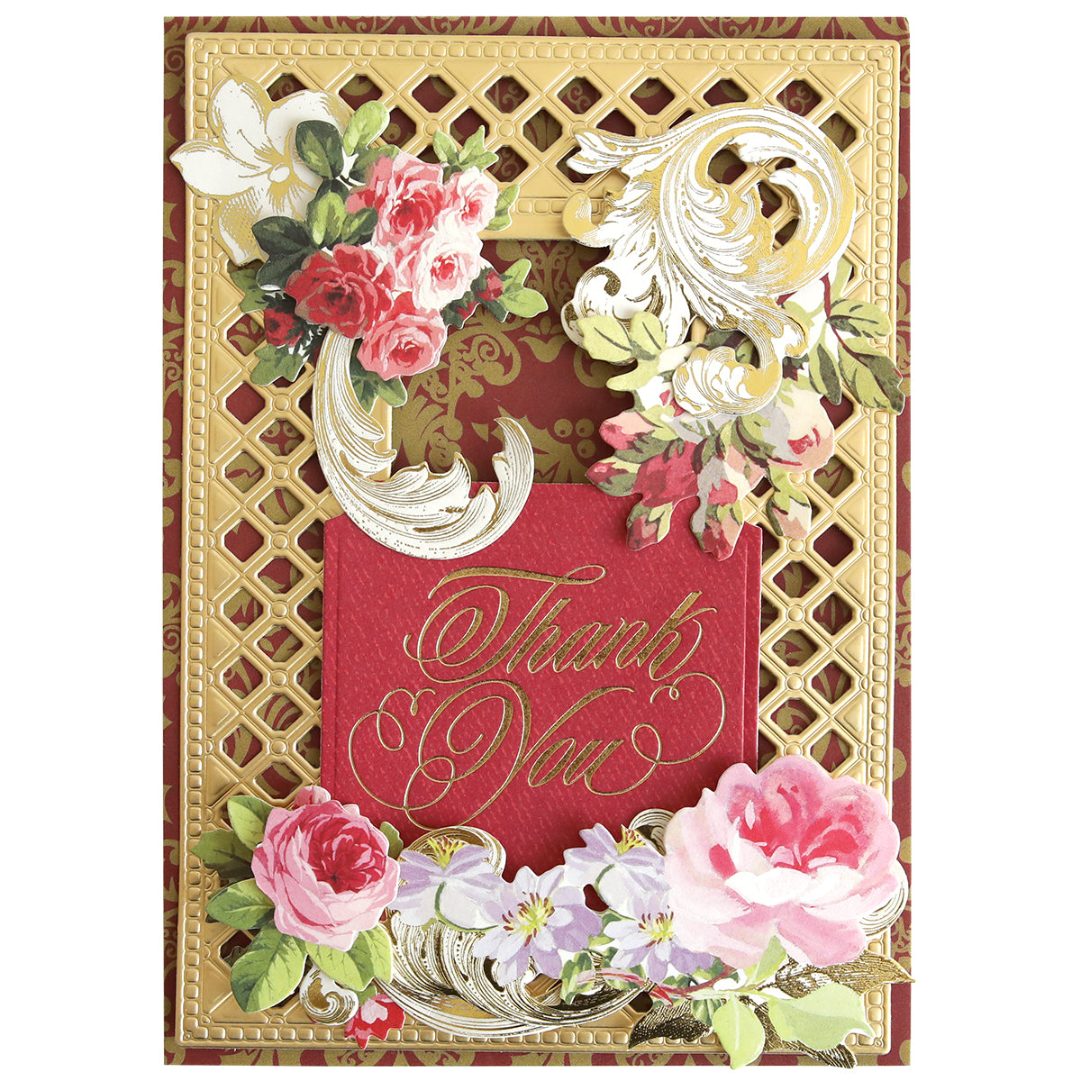 A red and gold handmade card featuring Thoughtful Calligraphy Gilded Hot Foil Plates in a gold lattice frame, with floral embellishments and “Thank You” in elegant hot foil calligraphy.