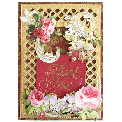 A red and gold handmade card featuring Thoughtful Calligraphy Gilded Hot Foil Plates in a gold lattice frame, with floral embellishments and “Thank You” in elegant hot foil calligraphy.