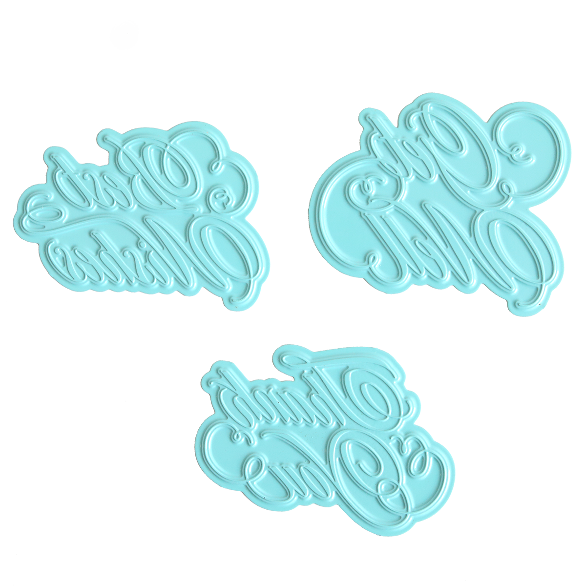 Three light blue Thoughtful Calligraphy Gilded Hot Foil Plates in a calligraphy-style script for handmade cards.