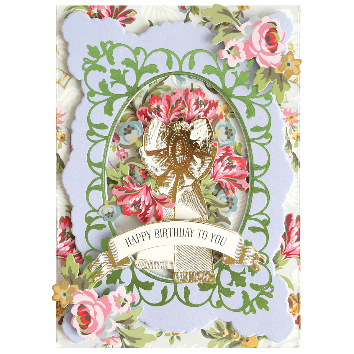 Featuring the Oval Flourish Frame Gilded Hot Foil Plate, this decorative birthday card showcases floral patterns, a gold bow, and a central banner reading “Happy Birthday To You,” all beautifully highlighted by an elegant oval frame. Perfect for fans of handmade cards, the exquisite detailing captures the sophisticated look of a hot foil plate finish.