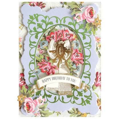 Featuring the Oval Flourish Frame Gilded Hot Foil Plate, this decorative birthday card showcases floral patterns, a gold bow, and a central banner reading “Happy Birthday To You,” all beautifully highlighted by an elegant oval frame. Perfect for fans of handmade cards, the exquisite detailing captures the sophisticated look of a hot foil plate finish.