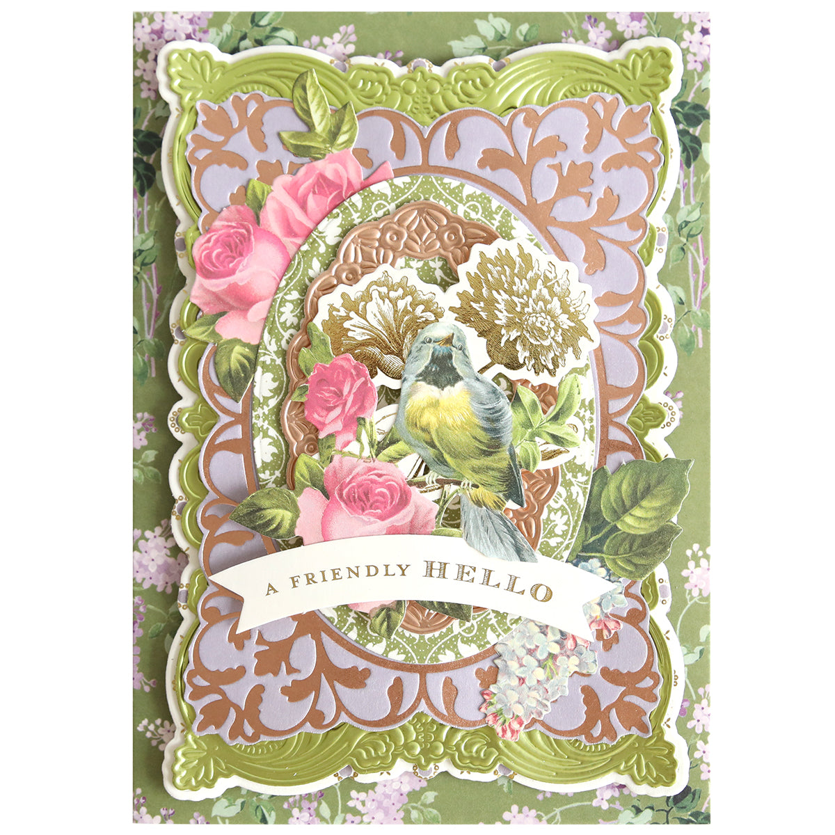 Showcasing the Oval Flourish Frame Gilded Hot Foil Plate, this greeting card features an ornate combination of floral and leaf patterns with a charming bird, pink roses, and a banner that reads “A FRIENDLY HELLO.” The decorative green and violet background is elegantly framed by the intricate Oval Flourish Frame for a sophisticated touch—perfect for elevating your handmade cards.