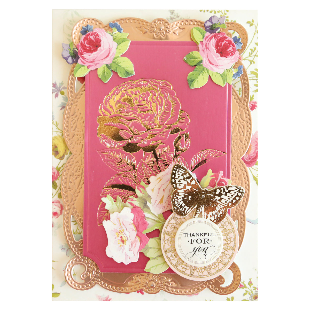 Add a touch of elegance to your next handmade cards or papercrafting projects with the Rose and Pineapple Gilded Hot Foil Plates—featuring embossed gold floral designs, pink and white roses, a butterfly motif, and a round “Thankful for you” tag on a delicate floral background.