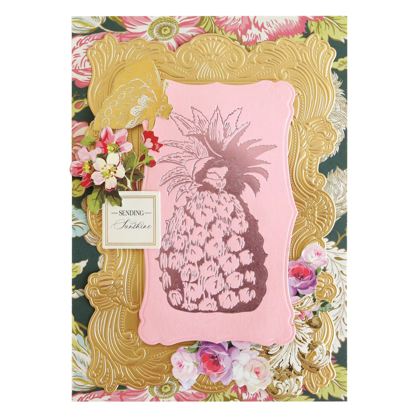 The Rose and Pineapple Gilded Hot Foil Plates feature a gold frame, pink center with a charming pineapple illustration, floral accents, and an included small card that reads “Sending Hugs.” Ideal for handmade cards and papercrafting projects, this design pairs beautifully with hot foil plates to add an extra touch of elegance.