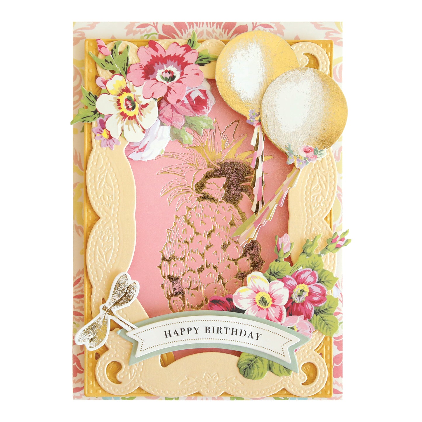 Get inspired for your handmade cards or papercrafting projects with the Rose and Pineapple Gilded Hot Foil Plates—featuring elegant gold balloons, floral accents, a gold pineapple illustration, a dragonfly, and a “Happy Birthday” banner set against a vibrant pink and yellow background.