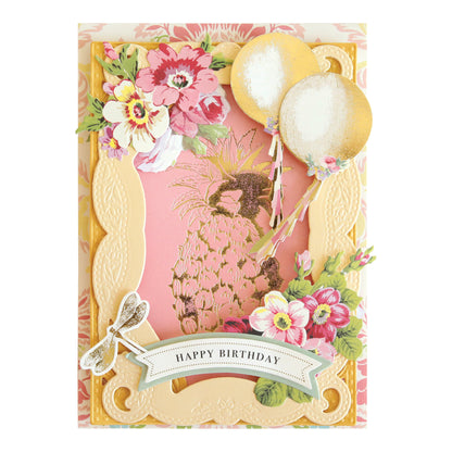 Get inspired for your handmade cards or papercrafting projects with the Rose and Pineapple Gilded Hot Foil Plates—featuring elegant gold balloons, floral accents, a gold pineapple illustration, a dragonfly, and a “Happy Birthday” banner set against a vibrant pink and yellow background.