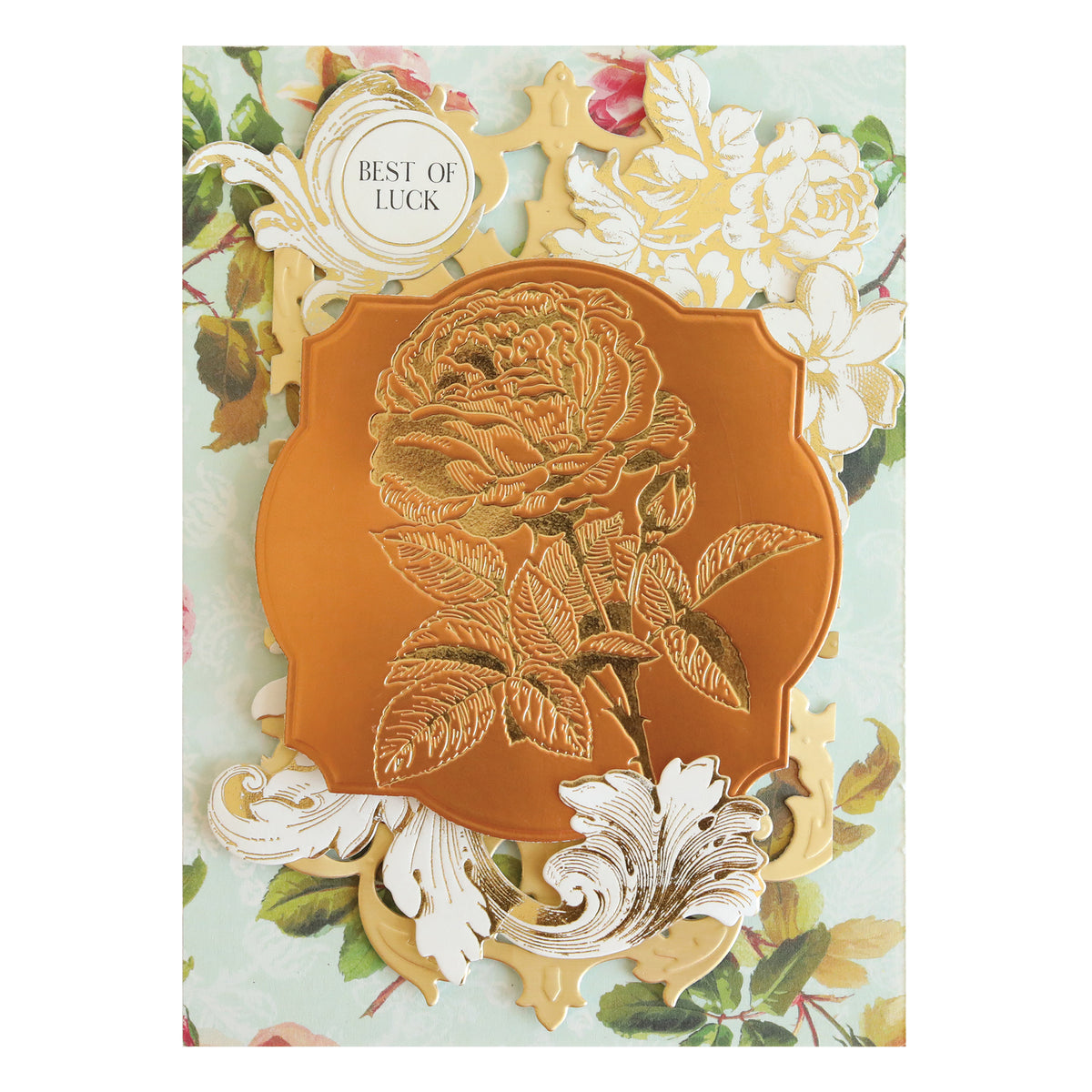 Handcrafted card featuring “BEST OF LUCK” text, gold embossed floral motifs, and intricate patterns on a pastel background—ideal for handmade cards or papercrafting projects created using the Rose and Pineapple Gilded Hot Foil Plates.