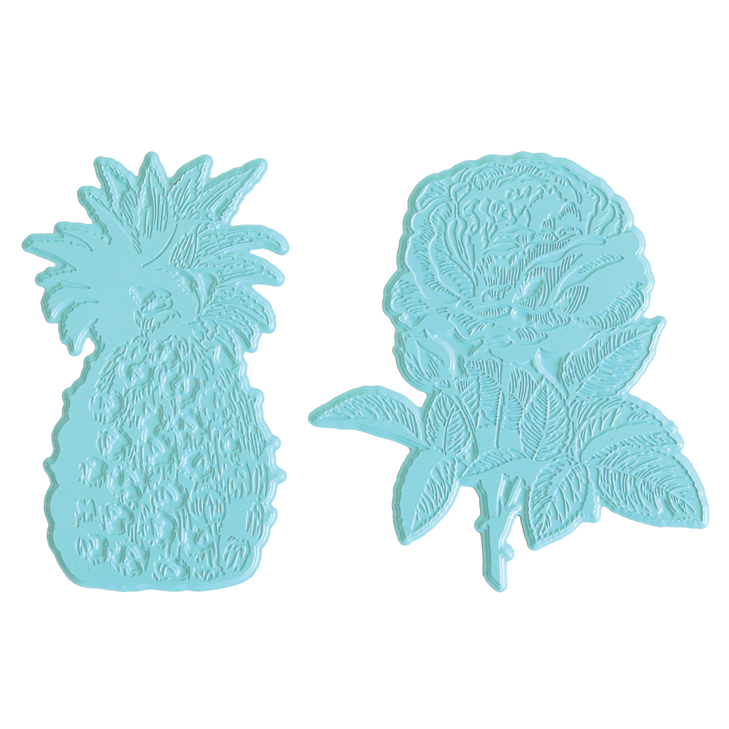 The Rose and Pineapple Gilded Hot Foil Plates, featuring one plate shaped like a pineapple and another resembling a flower with leaves in light blue, are shown against a white background—perfect for adding elegant details to handmade cards or other papercrafting projects.