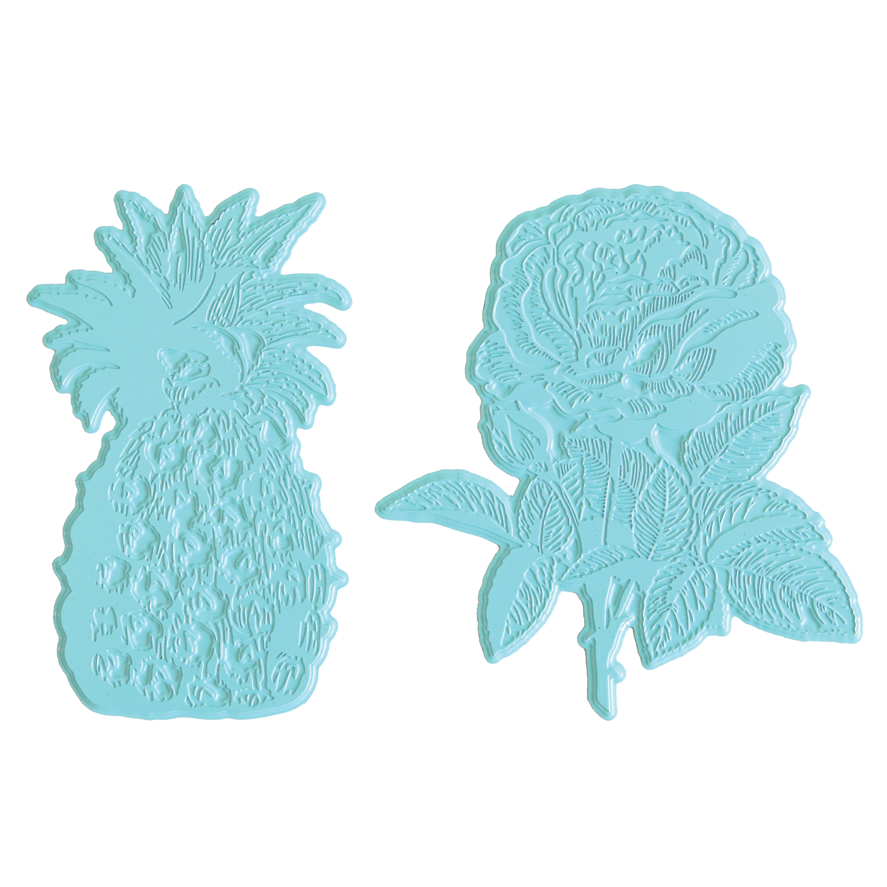 The Rose and Pineapple Gilded Hot Foil Plates, featuring one plate shaped like a pineapple and another resembling a flower with leaves in light blue, are shown against a white background—perfect for adding elegant details to handmade cards or other papercrafting projects.