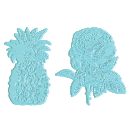The Rose and Pineapple Gilded Hot Foil Plates, featuring one plate shaped like a pineapple and another resembling a flower with leaves in light blue, are shown against a white background—perfect for adding elegant details to handmade cards or other papercrafting projects.