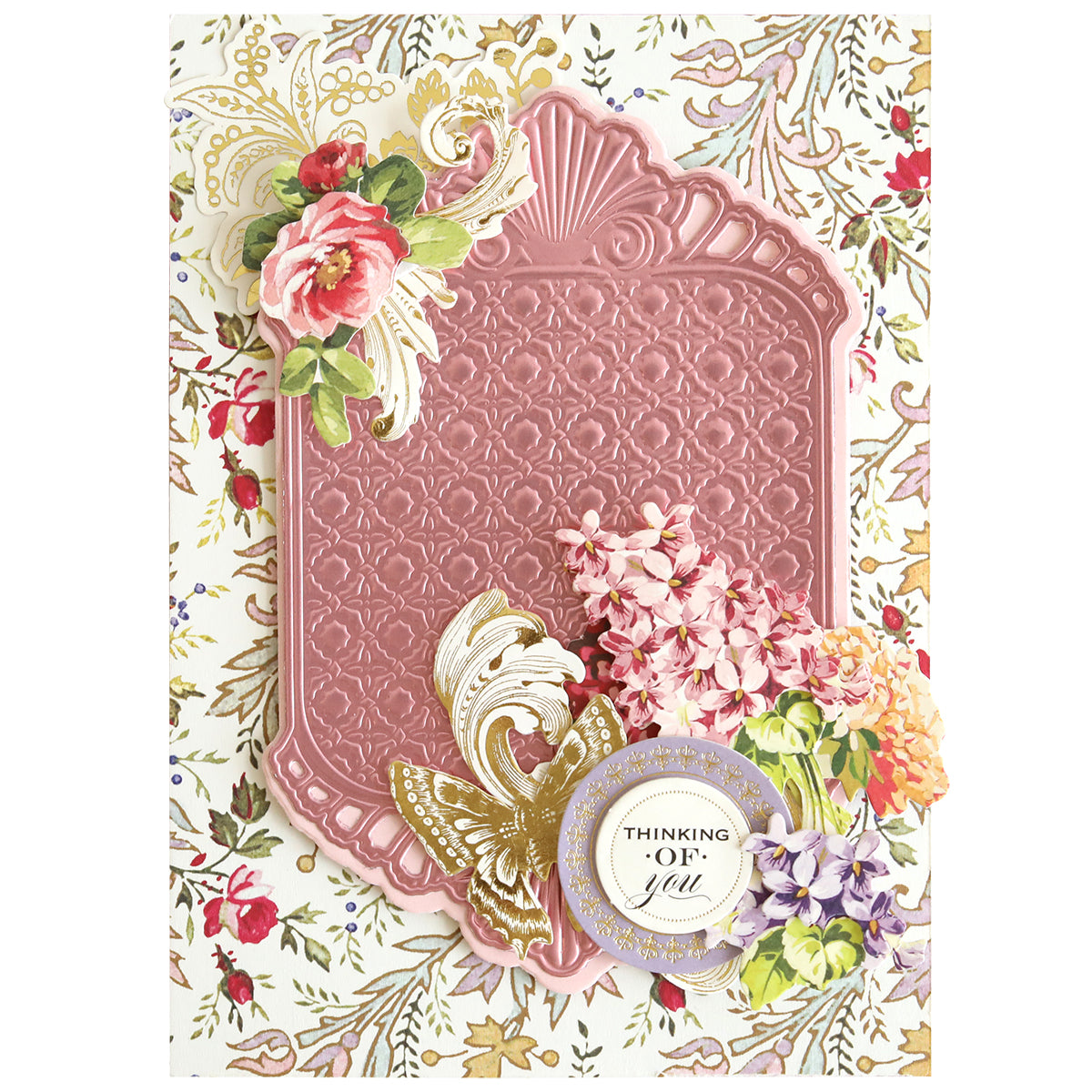Handmade greeting card featuring a pink embossed panel, floral accents, and a round “THINKING OF YOU” label set against a patterned floral background. Ideal for card making enthusiasts, this detailed card showcases added dimension and charm using the Rectangle Pattern 3D Layer Dies.