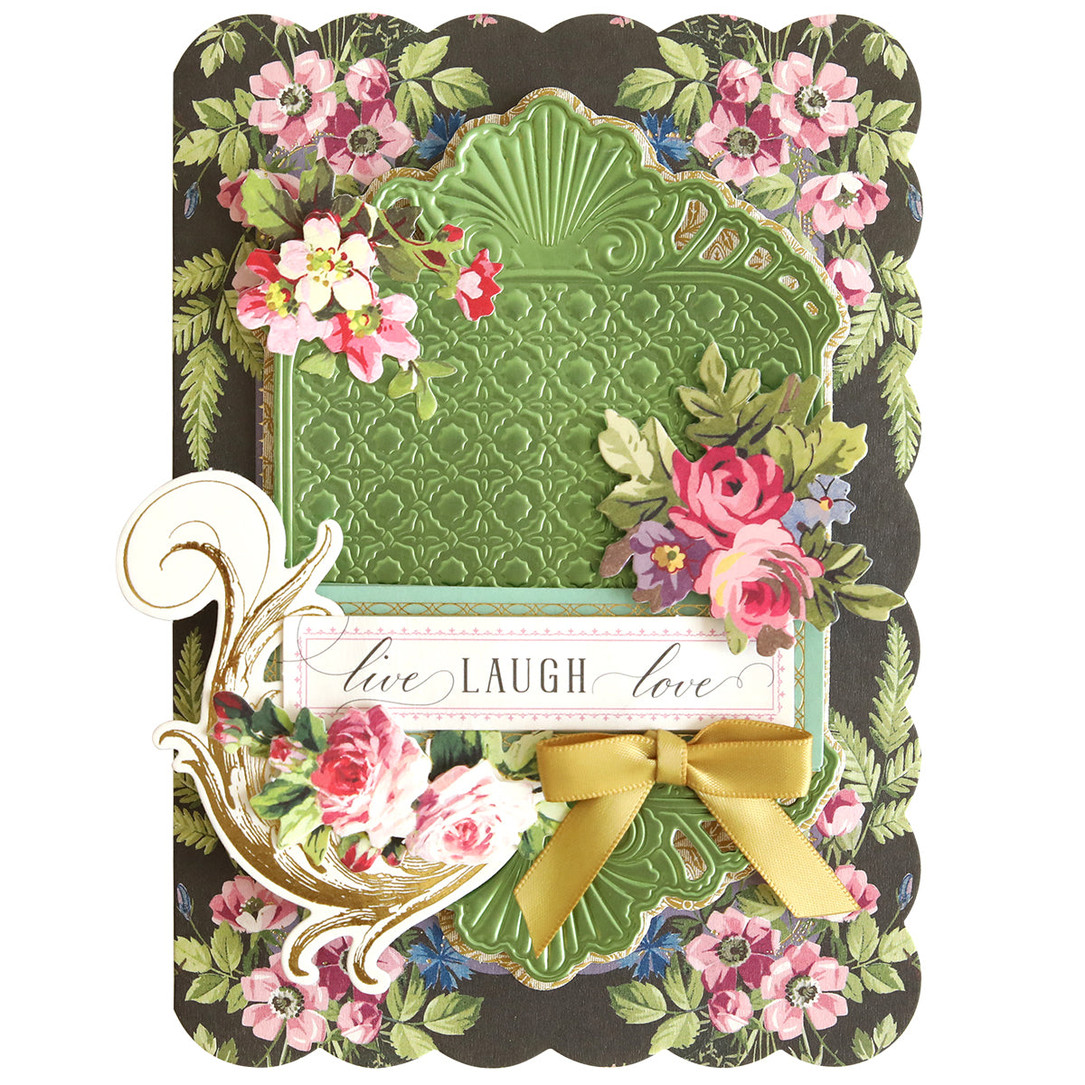 Handmade greeting card featuring a floral border, an embossed green panel, yellow ribbon, and “live LAUGH love” sentiment, decorated with pink and red flower illustrations—a beautiful project created using the Rectangle Pattern 3D Layer Dies for a unique handmade effect.