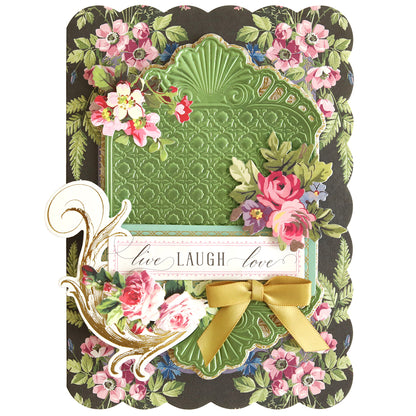Handmade greeting card featuring a floral border, an embossed green panel, yellow ribbon, and “live LAUGH love” sentiment, decorated with pink and red flower illustrations—a beautiful project created using the Rectangle Pattern 3D Layer Dies for a unique handmade effect.
