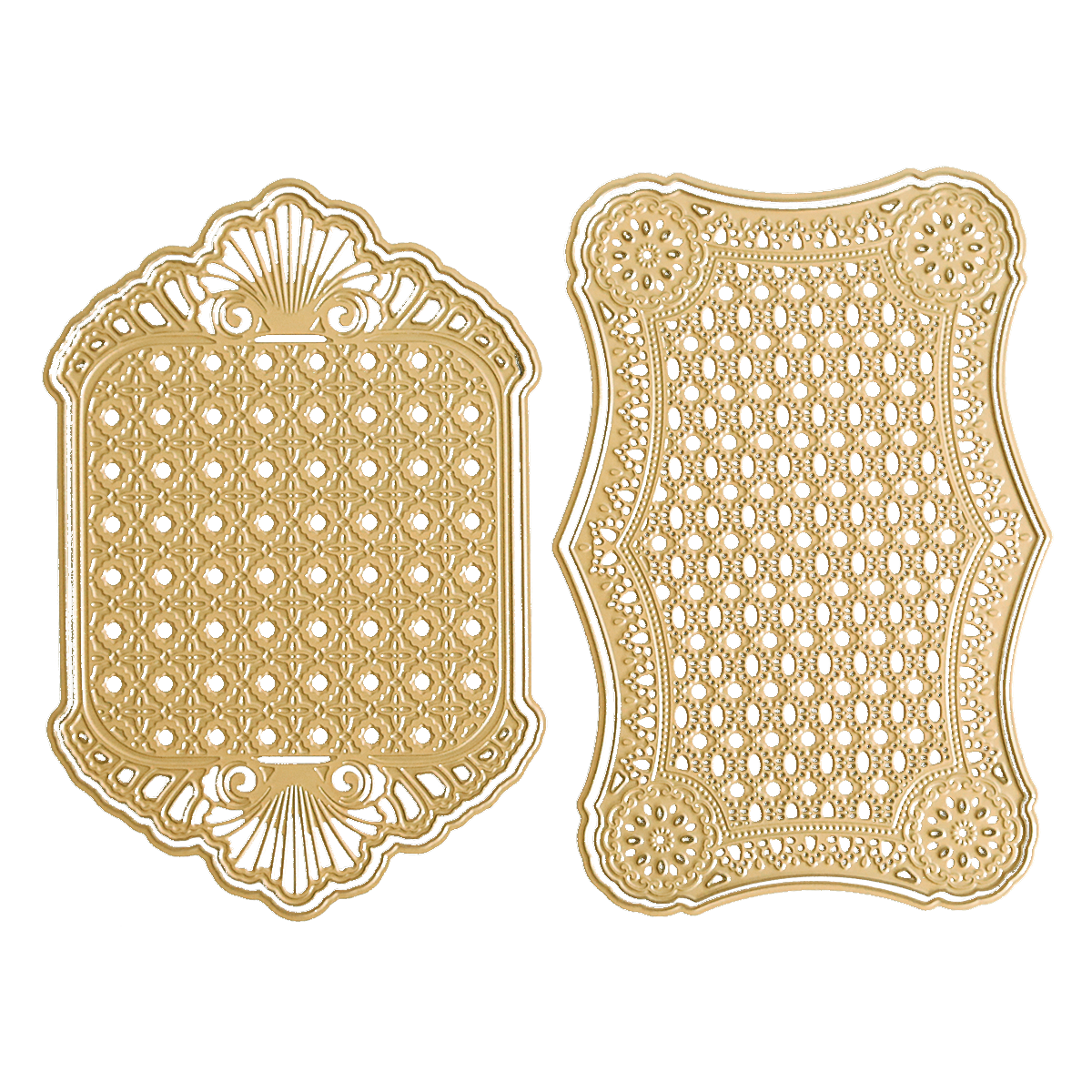 Two ornate Rectangle Pattern 3D Layer Dies, crafted from gold-colored metal with intricate lacy cutout designs and decorative edges, are displayed side by side on a white background. Ideal for card making or enhancing any handmade card with elegant detail, these dies add a touch of sophistication to your craft projects.