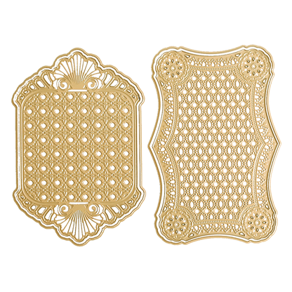 Two ornate Rectangle Pattern 3D Layer Dies, crafted from gold-colored metal with intricate lacy cutout designs and decorative edges, are displayed side by side on a white background. Ideal for card making or enhancing any handmade card with elegant detail, these dies add a touch of sophistication to your craft projects.
