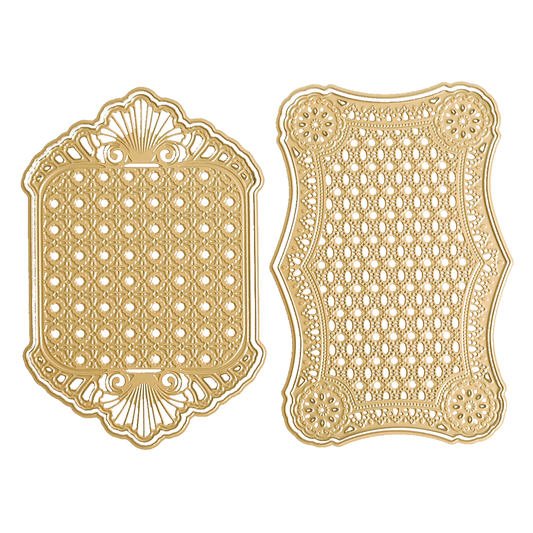 Two ornate Rectangle Pattern 3D Layer Dies, crafted from gold-colored metal with intricate lacy cutout designs and decorative edges, are displayed side by side on a white background. Ideal for card making or enhancing any handmade card with elegant detail, these dies add a touch of sophistication to your craft projects.