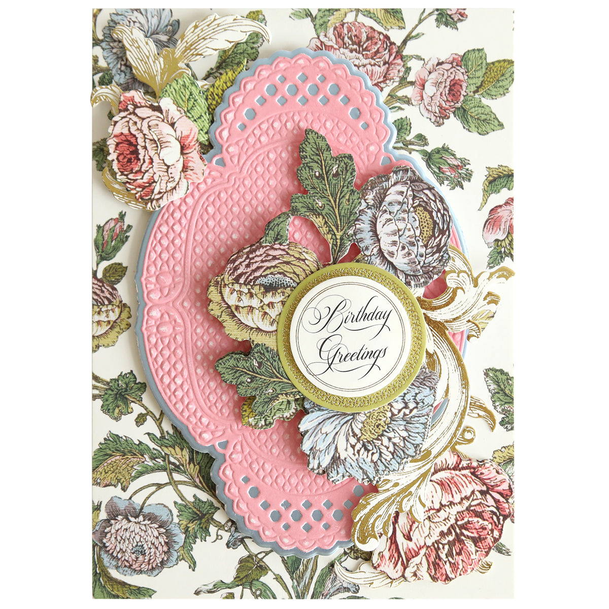 Create elegant birthday cards with the Oval Pattern 3D Layer Dies, featuring ornate pink, gold, and white floral designs, a delicate pink scalloped frame, and an oval label for your “Birthday Greetings.” These dies add stunning embossed texture to your creations—perfect for card making enthusiasts seeking a refined and sophisticated touch.
