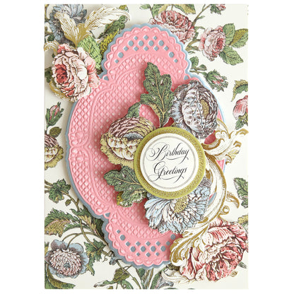 Create elegant birthday cards with the Oval Pattern 3D Layer Dies, featuring ornate pink, gold, and white floral designs, a delicate pink scalloped frame, and an oval label for your “Birthday Greetings.” These dies add stunning embossed texture to your creations—perfect for card making enthusiasts seeking a refined and sophisticated touch.