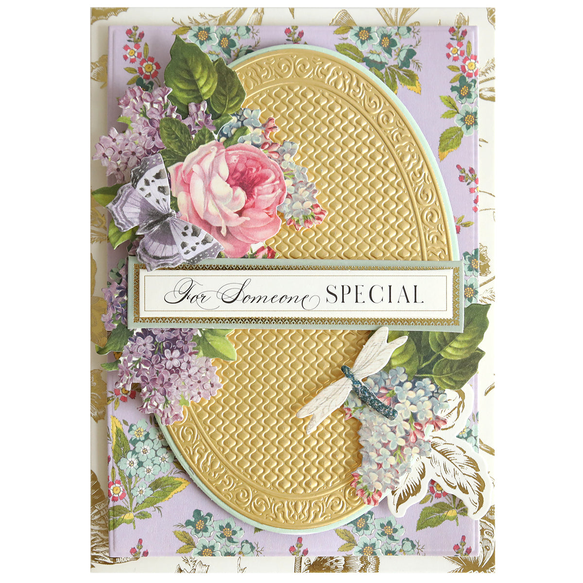 Handmade greeting card adorned with floral and dragonfly illustrations, showcasing an elegant gold-embossed oval created using the Oval Pattern 3D Layer Dies. Finished with a “For Someone SPECIAL” label on a pastel flower-themed background, this design is ideal for card makers who love intricate embossed accents.