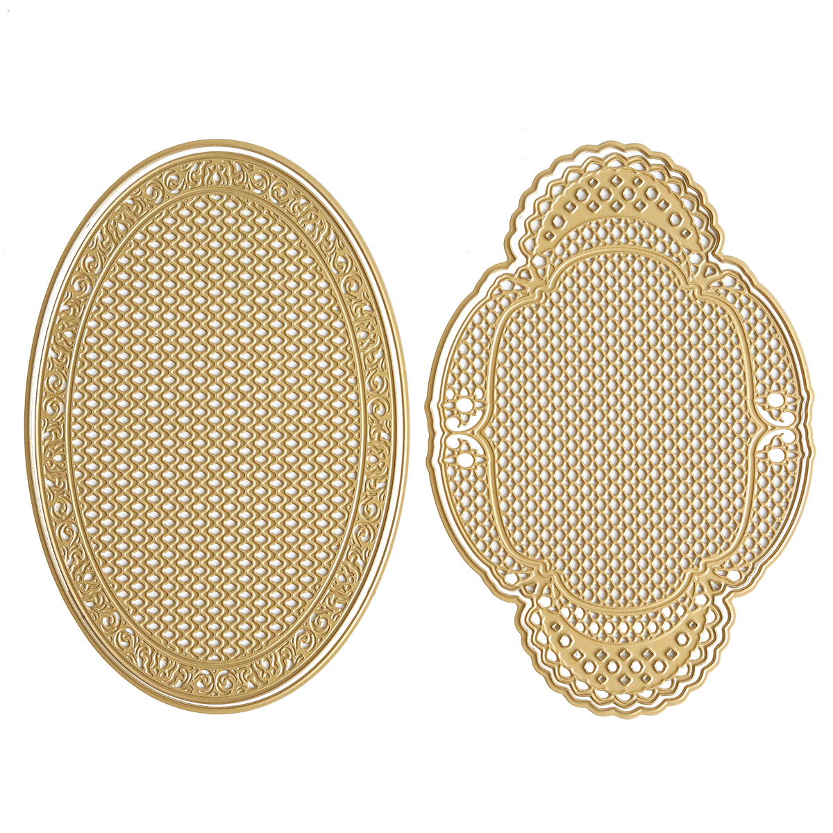 Two ornate, gold-colored, textured placemats with intricate patterns—one oval-shaped and the other a scalloped oval style with elegant embossed details inspired by the Oval Pattern 3D Layer Dies—are both displayed on a white background.