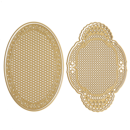 Two ornate, gold-colored, textured placemats with intricate patterns—one oval-shaped and the other a scalloped oval style with elegant embossed details inspired by the Oval Pattern 3D Layer Dies—are both displayed on a white background.
