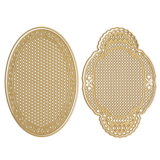 Two ornate, gold-colored, textured placemats with intricate patterns—one oval-shaped and the other a scalloped oval style with elegant embossed details inspired by the Oval Pattern 3D Layer Dies—are both displayed on a white background.