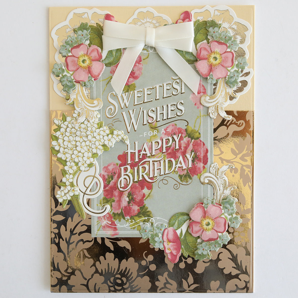 Create elegant handmade cards with the Gilded Solid Foil Plate 4x6, a vintage-style birthday card design featuring pink roses and "Sweetest Wishes For A Happy Birthday" text—perfect for card making.