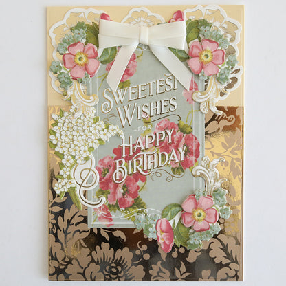 Create elegant handmade cards with the Gilded Solid Foil Plate 4x6, a vintage-style birthday card design featuring pink roses and "Sweetest Wishes For A Happy Birthday" text—perfect for card making.