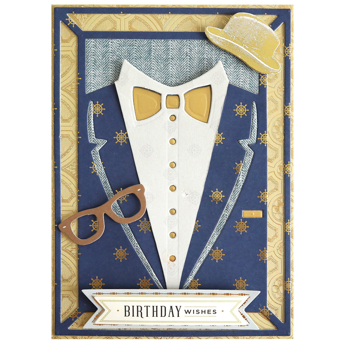 Greeting card featuring a suit and bowtie design, illustrated with a hat and glasses, and finished with a “Birthday Wishes” message at the bottom. The background showcases a nautical pattern—ideal inspiration for handmade birthday cards made using the Cake and Suit Card Front Dies and die cutting machines.