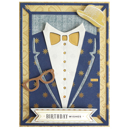 Greeting card featuring a suit and bowtie design, illustrated with a hat and glasses, and finished with a “Birthday Wishes” message at the bottom. The background showcases a nautical pattern—ideal inspiration for handmade birthday cards made using the Cake and Suit Card Front Dies and die cutting machines.