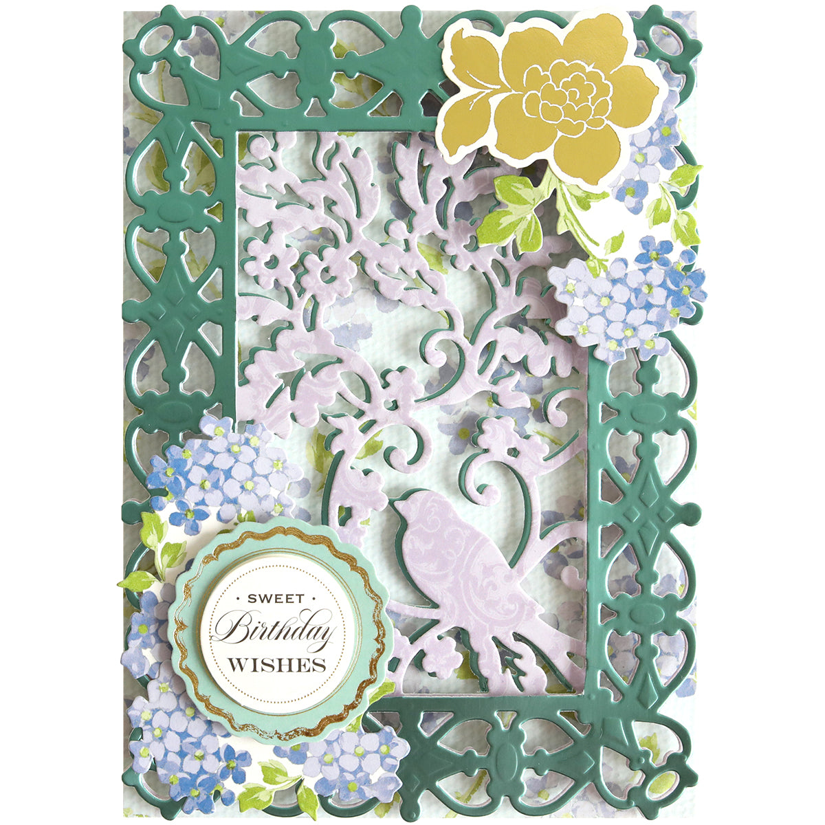 Create an ornate birthday card with the Bird and Floral Card Front Dies, featuring a green and pink floral frame, blue and yellow flowers, a cut-out bird, and a round label reading “Sweet Birthday Wishes.” Perfect for crafting with die-cutting machines or using your favorite bird and floral dies.