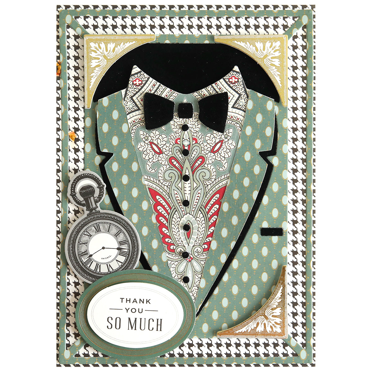 Featuring an elegant suit and bow tie design with a pocket watch illustration, this greeting card showcases a label that says “Thank You So Much” in bold black letters. Expertly crafted with the Cake and Suit Card Front Dies and die cutting machines, it’s ideal for anyone who values the beauty of handmade birthday cards.
