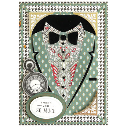 Featuring an elegant suit and bow tie design with a pocket watch illustration, this greeting card showcases a label that says “Thank You So Much” in bold black letters. Expertly crafted with the Cake and Suit Card Front Dies and die cutting machines, it’s ideal for anyone who values the beauty of handmade birthday cards.