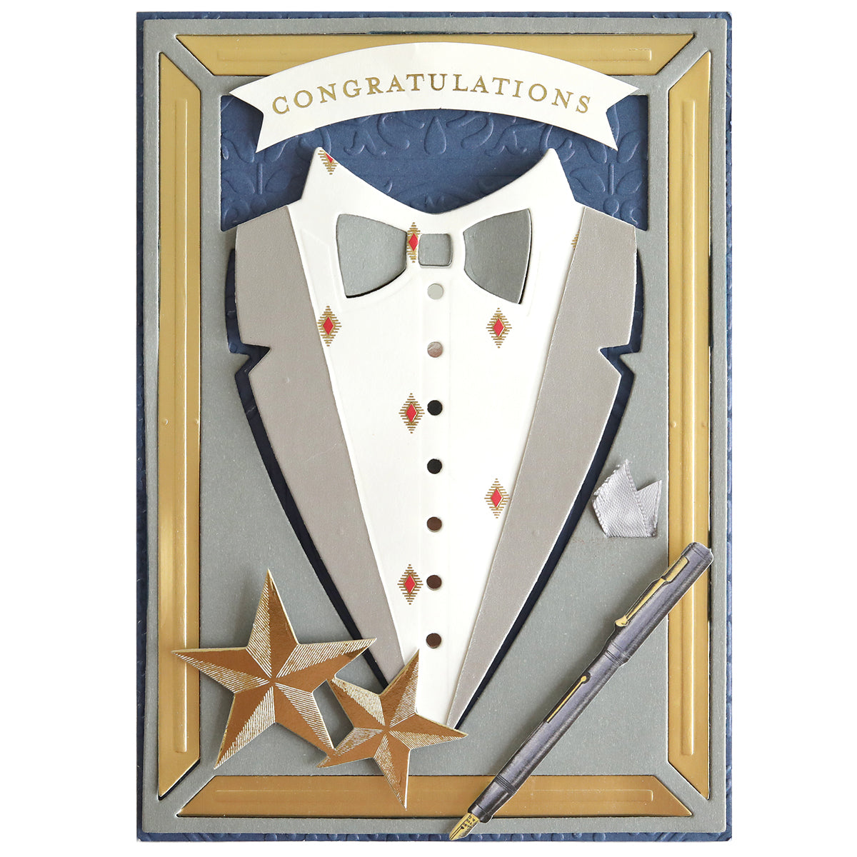 Handcrafted greeting card featuring a tuxedo motif created with the Cake and Suit Card Front Dies, adorned with gold stars, an elegant pen accent, and a “Congratulations” banner at the top—all styled formally to delight die-cutting enthusiasts and those who cherish exquisite handmade birthday cards.