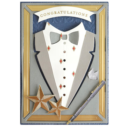 Handcrafted greeting card featuring a tuxedo motif created with the Cake and Suit Card Front Dies, adorned with gold stars, an elegant pen accent, and a “Congratulations” banner at the top—all styled formally to delight die-cutting enthusiasts and those who cherish exquisite handmade birthday cards.