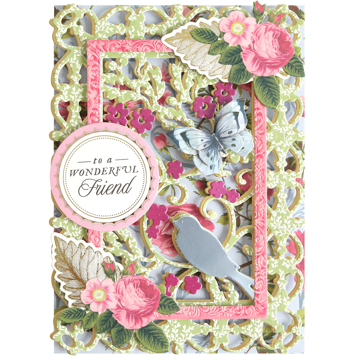 Handcrafted card made using the Bird and Floral Card Front Dies, featuring intricate floral patterns, a butterfly, a bird, and the sentiment “to a WONDERFUL Friend” displayed in the center.