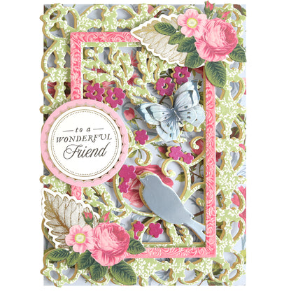 Handcrafted card made using the Bird and Floral Card Front Dies, featuring intricate floral patterns, a butterfly, a bird, and the sentiment “to a WONDERFUL Friend” displayed in the center.