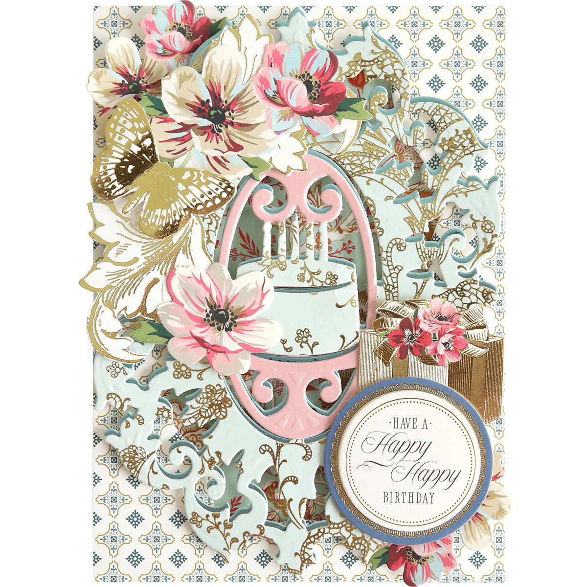 Introducing the Cake and Suit Card Front Dies—create a stunning handmade birthday card adorned with elegant flowers, a delicate butterfly, a charming blue cake, and an adorable gift box. Thanks to the precision of these dies, each element is beautifully arranged atop an ornate patterned background. The round label sentiment “Have a Happy Happy Birthday” adds the perfect finishing touch, making this card an unforgettable way to celebrate any special occasion.