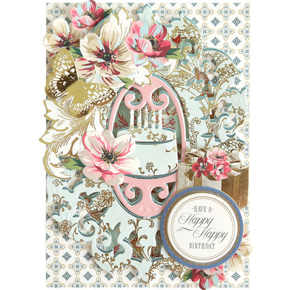 Introducing the Cake and Suit Card Front Dies—create a stunning handmade birthday card adorned with elegant flowers, a delicate butterfly, a charming blue cake, and an adorable gift box. Thanks to the precision of these dies, each element is beautifully arranged atop an ornate patterned background. The round label sentiment “Have a Happy Happy Birthday” adds the perfect finishing touch, making this card an unforgettable way to celebrate any special occasion.