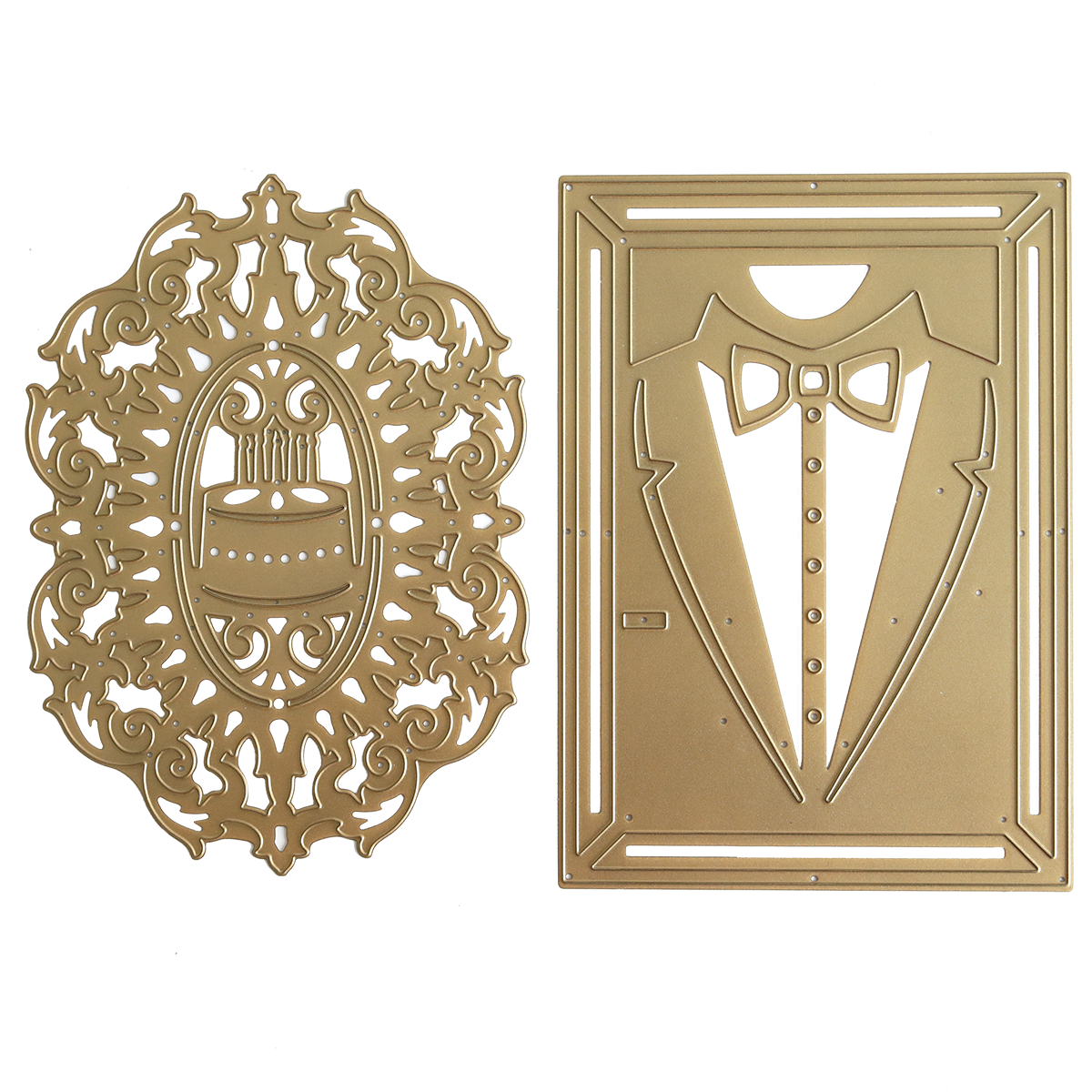 Add an elegant touch to your handmade birthday cards with the Cake and Suit Card Front Dies. This set includes two gold metal die cuts: one ornate oval featuring a birthday cake, and one rectangular cut designed to resemble a tuxedo complete with a bow tie and buttons. Perfect for use with your favorite die cutting machines!.