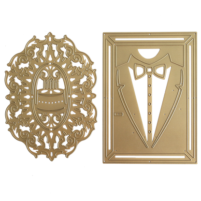 Add an elegant touch to your handmade birthday cards with the Cake and Suit Card Front Dies. This set includes two gold metal die cuts: one ornate oval featuring a birthday cake, and one rectangular cut designed to resemble a tuxedo complete with a bow tie and buttons. Perfect for use with your favorite die cutting machines!.