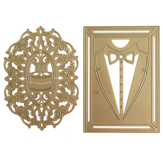Add an elegant touch to your handmade birthday cards with the Cake and Suit Card Front Dies. This set includes two gold metal die cuts: one ornate oval featuring a birthday cake, and one rectangular cut designed to resemble a tuxedo complete with a bow tie and buttons. Perfect for use with your favorite die cutting machines!.