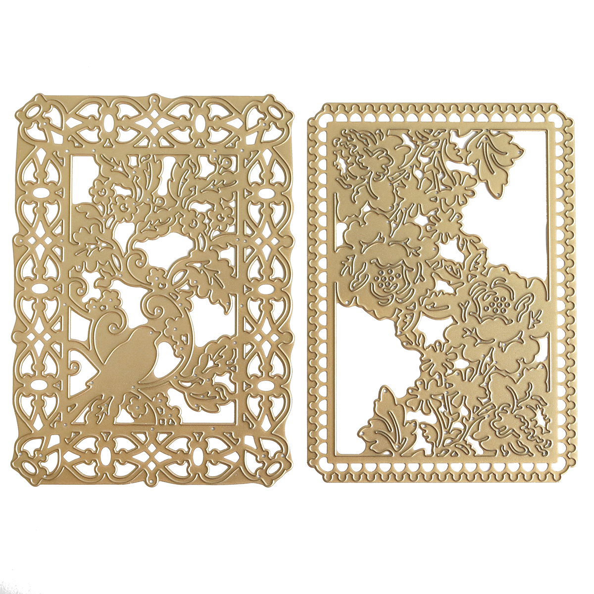 Showcasing the Bird and Floral Card Front Dies, this set includes two gold, intricately cut metal cards: one depicts a bird perched in a leafy tree, while the other features an elegant floral pattern with overlapping flowers and leaves—both exquisitely crafted for precise detail using these decorative cutting dies.