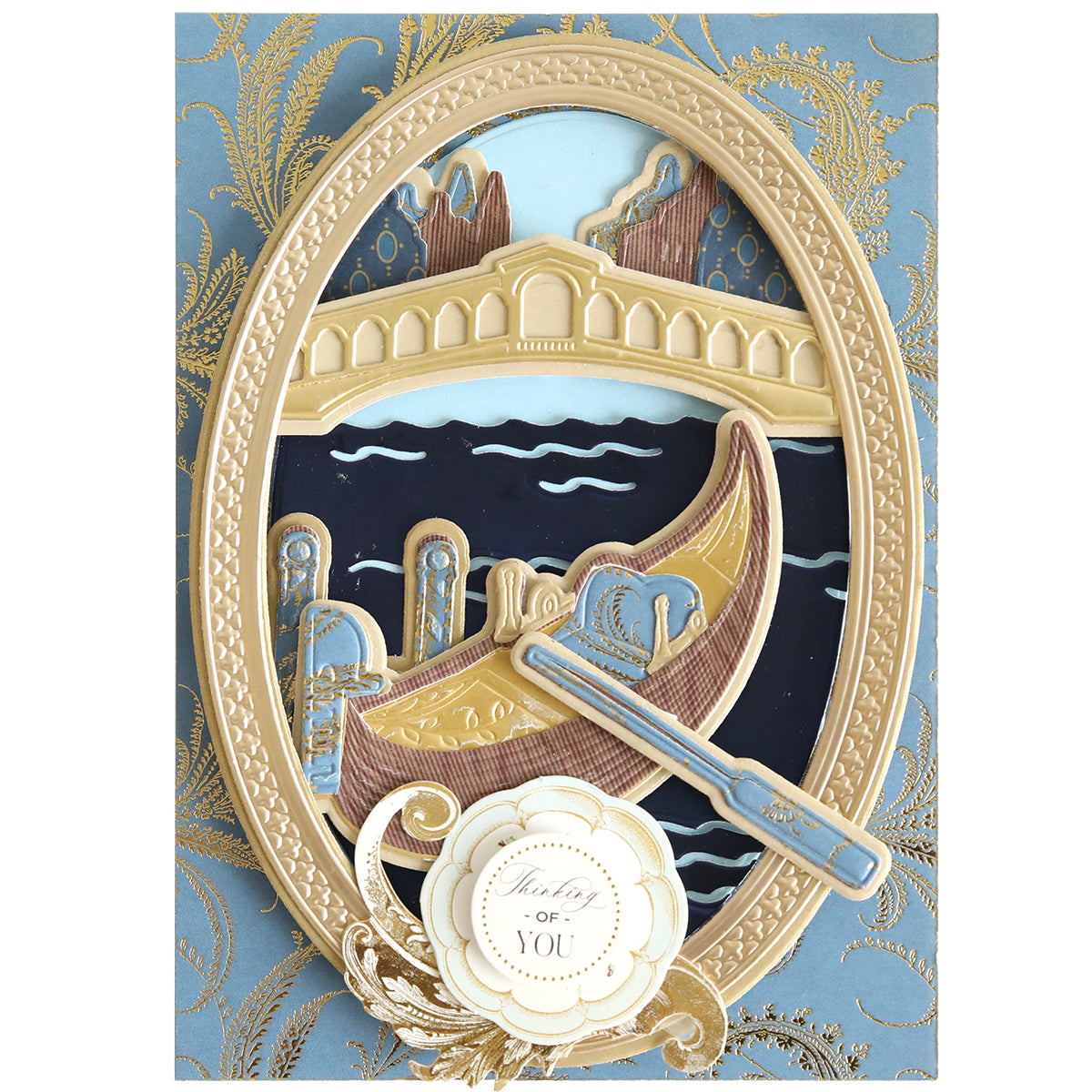 Illustrated card with a gondola on a river, ornate gold frame, a bridge in the background, and a white plaque reading “Thinking of You” at the bottom—a charming design perfect for Venice paper crafting or pairing beautifully with the Gondola 3D Scene Dies.