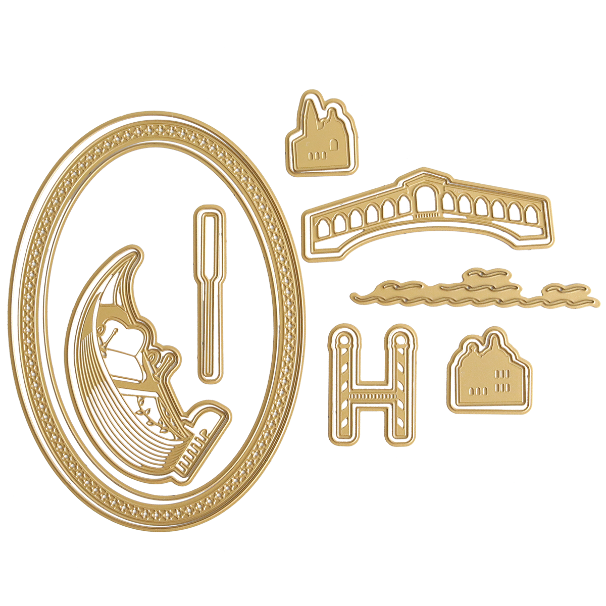 The Gondola 3D Scene Dies set features gold metal die cut shapes—such as an oval frame, gondola with oar, bridge, clouds, buildings, and an “H” shape—artfully arranged on a white background. Ideal for Venice-inspired paper crafting or adding depth to your projects with dimensional die cuts, this set lets you create a charming gondola scene.