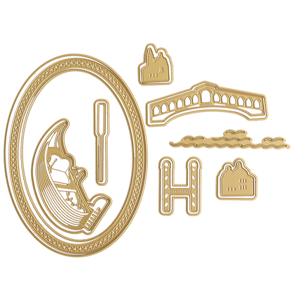 The Gondola 3D Scene Dies set features gold metal die cut shapes—such as an oval frame, gondola with oar, bridge, clouds, buildings, and an “H” shape—artfully arranged on a white background. Ideal for Venice-inspired paper crafting or adding depth to your projects with dimensional die cuts, this set lets you create a charming gondola scene.